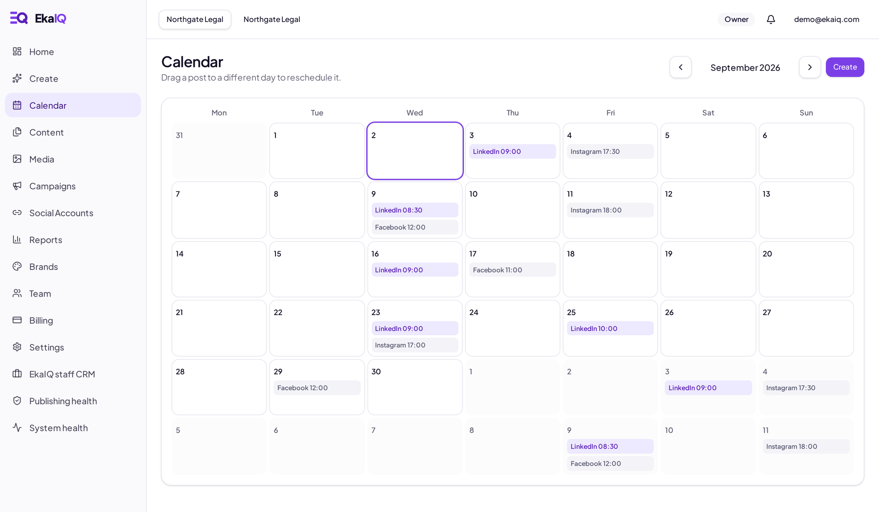 EkaIQ content calendar showing a month of scheduled LinkedIn, Instagram and Facebook posts.