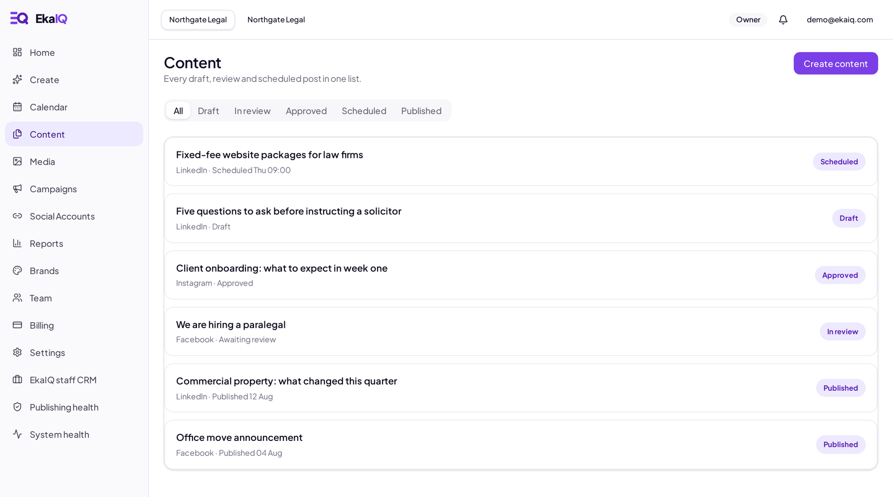 EkaIQ content list filtered by draft, in review, approved, scheduled and published.