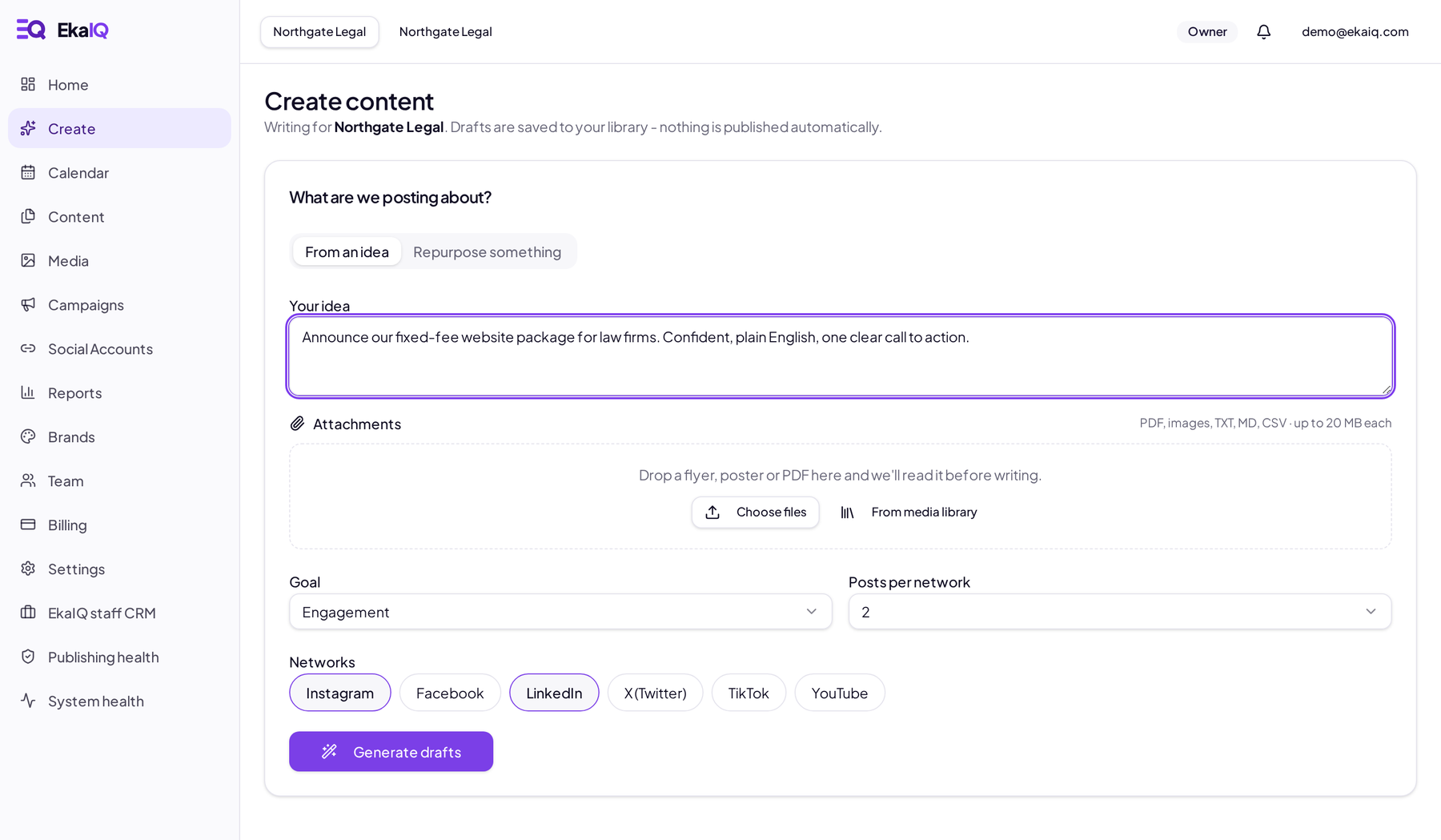 EkaIQ content studio with a brief, attachments, goal, network selection and a generate drafts button.