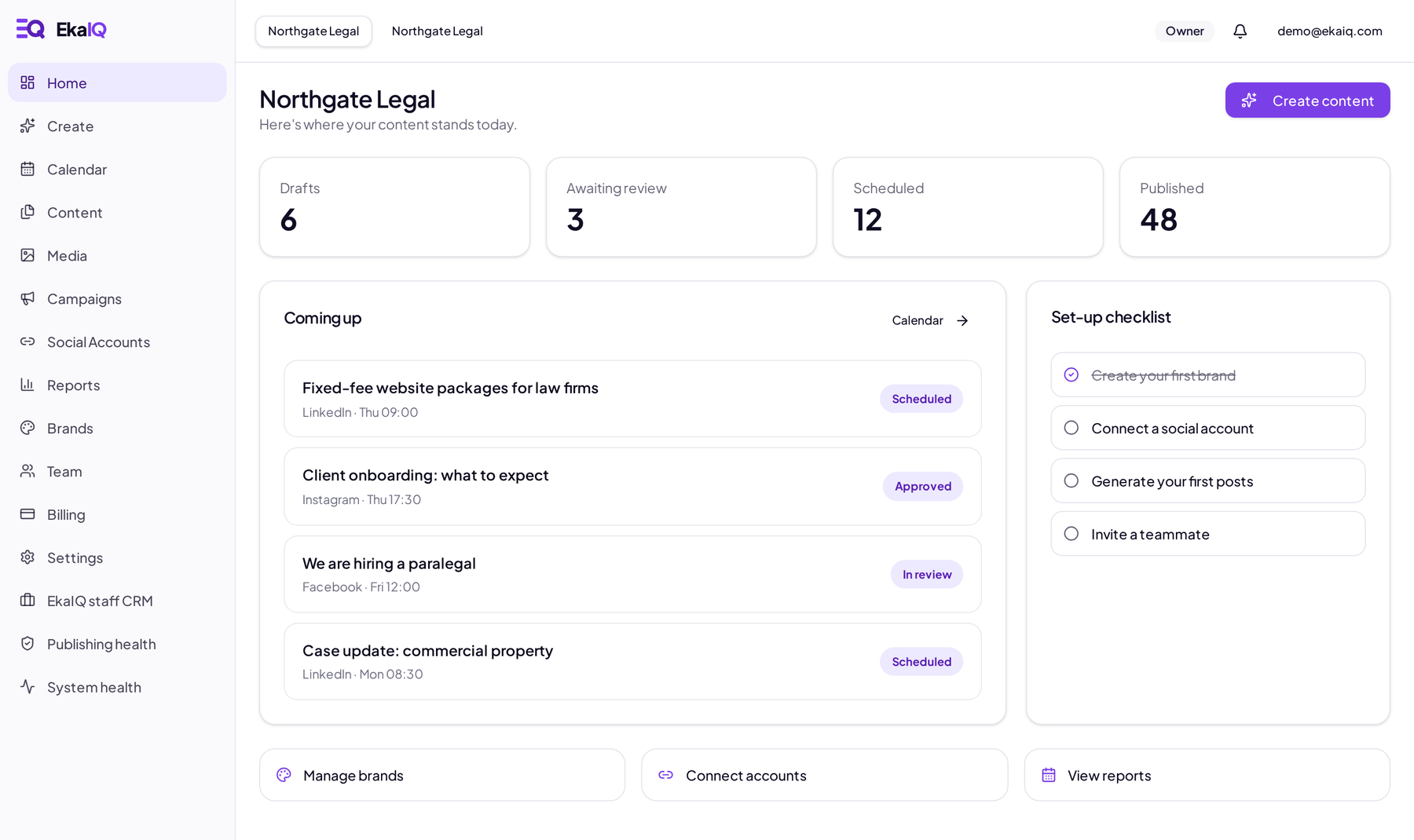 EkaIQ workspace home showing drafts, posts awaiting review, scheduled posts and the coming-up queue.
